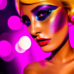 masterpiece, best quality, woman, sparkling eyes, fluorescent skin, colorful makeup, blond flutter hair, highly detailed body, sun light, 4K, RAW, depth of field, high contrast, realistic details, 24mm