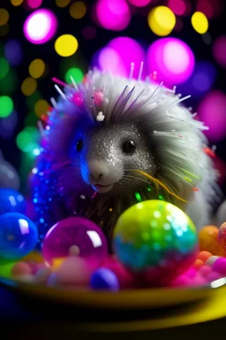 portrait of glittery haired twisted porcupine on a yoga space ship made of ice cream, smiling with beautiful shiny ears, each inside a pile of transparent jelly bubbles of weird colors with insect aliens inside, disco egg made of small mirror, light rayz, feast table ,shot on Hasselblad h6d-400c, zeiss prime lens, bokeh like f/0.8, tilt-shift lens 8k, high detail, smooth render, down-light, unreal engine, prize winning