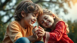 Beautiful happy telepathic young boys and girls playing together, finesse, devotion, serendipity, best friends, exquisite composition, beauty, magic, fantasy, close foreground detail, beautiful intricate insanely detailed octane render, 16k artistic photography, photorealistic concept art, soft natural volumetric cinematic perfect light, chiaroscuro, award-winning photograph, masterpiece