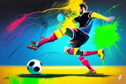 Oil painting, full body of a soccer player, he is kicking the ball, the ball is flying, bright but not neon colours, dynamic lines, dynamic blobs, spots, lines in the background of the character, splash like a colour explosion