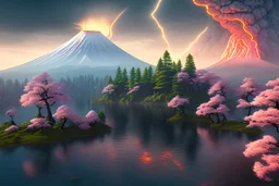 Japanese Fuji Mountain,eruption lava flows into the lake , concept art, smooth, extremely sharp detail, finely tuned detail, ultra high definition, 8 k, unreal engine 5, ultra sharp focus, illustration, magic ambient, bonsai cherry blossom trees , japanese gondolas .