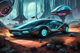 A friendly car playing with technology equipe, in a futuristic fantasy landscape that seamlessly blends organic and technological elements, futuristic lights, hard shadows, dark, fantasy, comic art
