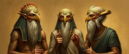 realistic rendering Portrait of the Apkallu sages who were sent by the god Ea to teach civilization to humanity before the flood. They were depicted as half-human and half-fish or bird, and were associated with wisdom, magic, and culture.