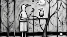 abstract painting, balance, man and bird, bizarre, surreal, art brut, outsider art, a black and white photo, pexels contest winner, 1940s, high quality photo,