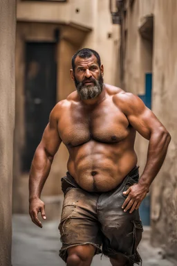 close up photography of an ugly 40 year old stocky robust burly marocan giant, wearing ripped work shorts, shirtless, leaning with his back on the wall, crossing arms, dirty, sweat, wet, ajar mouth, hairy chest, , very virile, short beard, shaved hair,, , in a sunny street, photorealistic , frontal view from the ground