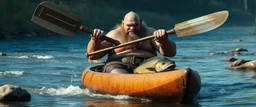 ancient bald fat ogre troll machete sitting relaxed in huge massive kayak in stream, smacking fish with big metal oar