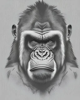 symmetry, one gorilla head and only facing front, glare, black and white, white background, no background, ink fine line art stylized, vector, design for tattoo, African pattern mane