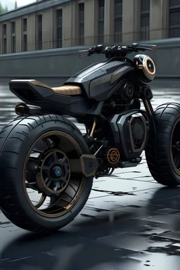 An advanced motorcycle with four wheels and a turbo jet on the back