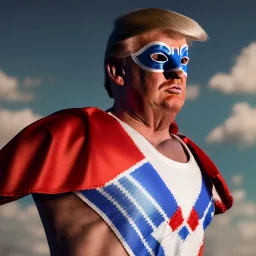 realistic image of donald trump as a mexican wrestling fighter posing outdoors, Mexican eyes wrestling mask, red and blue breeches with white stars, flag cape, sweat and blood, retro style, 80s, vibrant color, highly detailed, sky background, concept art, unreal engine 5, god rays, ray tracing, RTX, lumen lighting, ultra detail, volumetric lighting, 3d, finely drawn, high definition, high resolution.