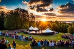 a big open disko stage in country side environment , at distance,blue sky pretty clouds ,sunset ,golden hour.