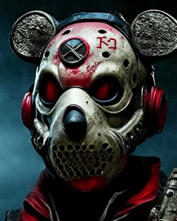 zombie mickey mouse hybrid, photorealism, movie screen capture, horror, sci-fi, retrofuturism, matching mickey mouse ears on mask