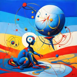 Creeaza o imagine in stil Joan Miro cu reprezentare simbolistica a zodiacului a ideii de comunicare subliminala cuantica telepatica ,paranormal sau hipnoza , schiță pe fond alb în linii groase bine conturate in culori primare, inspirata din lucrările lui Daniel F. Gerhartz, compozitie complicata și realista, texturi de fibra la detalii cu contrast, capodopera suprarealistă, cu referire la perceptiile extrasenzoriale si subliminale, nemaivăzuta până acum.