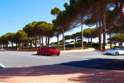 Day in quinta do lago, main avenida with two luxury car, with red cycling lane on both sides