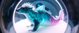 The image depicts a fantastical shark squirrel snow soup, specifically a transparent with neon plasma aura, with a unique and whimsical appearance. The seal dragon is positioned in a circular frame, which suggests it might be inside a container or a vessel. The body is elongated and has a segmented appearance, with a detailed texture that gives it a realistic look. Its head is covered with white, spiky hair, adding to its fantastical charm. From the weird dragon lab.