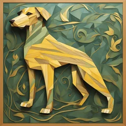 electric hound in dull green and yellow in marquetry art style