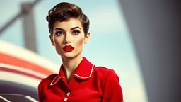 1950s pin up style portrait of a stunning beautiful brunette stewardess in red uniform with pixie cut and very big red lips looking a bit like Elodie Cherie