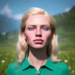 ultrarealistic, beautiful young blond Swiss girl standing in green field, mountain, sun, wearing blue shirt over, open arms, realistic eyes, blue eyes, unreal engine, photograph, realistic skin texture, photorealistic, sharp focus, hyperrealism, highly detailed, 85mm portrait photography