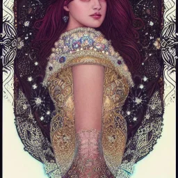 portrait,"Insanely detailed photograph of a beautiful Queen of the light Goddess,gorgeous clean face, highly intricate dress,intricately designed colorful snowflakes in hair,elegant, highly detailed hair, digital painting, artstation, concept art, smooth, sharp focus, illustration, art by artgerm and greg rutkowski, alphonse mucha,Dan witz, 8 k,looking downward,album cover art,fantasy