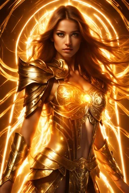 Photograph pretty girl Angel wearing armor long hair stand face front in impact picture,translucent and glowing metallic patterns,glowing metal objects hovering in the air and surrounding him,Electric arcs and sparks,flow of energy,translucent magnetic lines,golden and shimmering light effects