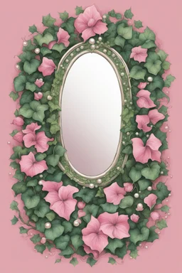 Create an Artwork of a Mirror with ivy and pearls, Like a Logo for a Varasity Jacket, illustration. Colors should be pink and green