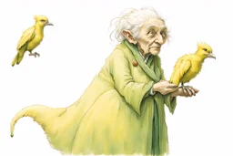 Artist Jean-Baptiste Monge style. A biomorph banana-headed old woman. White eyes. A yellow dotted green furry feathered fluffy dress.