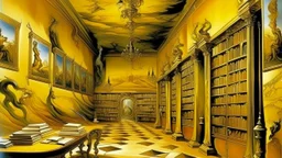 A golden yellow shining library painted by Salvador Dali