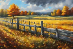 Painting about a fence in a field at autumn, realistic picture