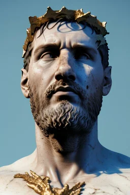 Ultra Realistic image, Roman sculpture, white marble material, Lionel Messi, gold crown of natural thorns, god crown, Renaissance style, sun rays background, waist up portrait, epic, celestial, cinematic lighting, God lights, 4k resolution, smooth details, soft lighting, unreal engine 5, art station, substance 3d.