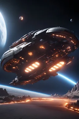 spaceship like raft in space seeming small because far away, tilt-shift lens 8k, high detail, smooth render, looks like a dark twisted alien space ship with spotlights, down-light, unreal engine, prize winning