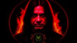 4k full detail, realistic, logo broadcast hardrock radio pentagram firestarter ozzy osbourne in terminator tribute to black sabbath flames in the background