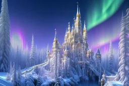  white and gold crystal castle，waterfall, winter snow flakessnow, northern Lights, full of details, smooth, bright sunshine，soft light atmosphere, light effect，vaporwave colorful, concept art, smooth, extremely sharp detail, finely tuned detail, ultra high definition, 8 k, unreal engine 5, ultra sharp focus