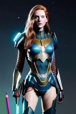 coloring book illustration, concept art, strikingly beautiful (18 year old girl:1.2),_skimpy sci-fi armor_, Hair (long ginger:1.1), Face (freckles:1.2), body, medium breasts (light cleavage:1.2), tracing, ambient light, highres, (hyperrealistic:1.2), (perfect face:1.1), intricate (high detail:1.1) body, beautiful detailed eyes (emerald:1.3), _camera_, plump lips ,sci-fi theme, Model hash: ddc3021b