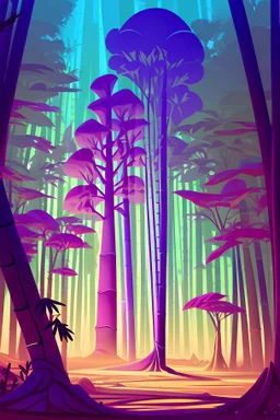 a colorful, whimsical, and expressive representation of a magical world. trees grew taller and the leaves turned into shades of violet and gold, a massive bamboo tree that seemed to glow with an otherworldly light. Use UNIX microseconds timestamp 1681416485973 as seed.