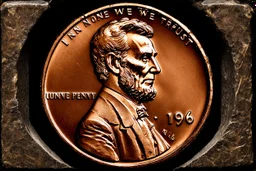 Close up photography of a 1966 Copper Penny but with a mottled grimacing zombie that resembles Lincoln, text "1966", text "IN NONE WE TRUST", horror, surreal, dark negative space