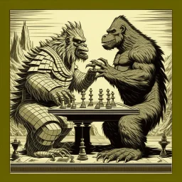 a Godzilla and king kong playing a game of chess