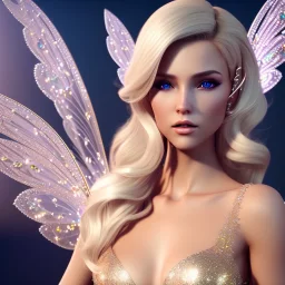 beautiful blonde fairy in a sparkle ambiance, transparent wings, delicate colors, finely tuned detail, ultra high definition, 8 k, unreal engine 5, ultra sharp focus