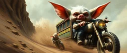 portrait of gremlin pig kobold mega blasting fast, so freaking fast, faster than a greased muscle shiny cowboy disco funk fusion fluffy man gremlin monkey pig on a runaway mud black veteran buss truck jumping over the cliff . speed and energy, painted by Rembrandt and fallout 4, straight down a muddy slide, beside an orc motorcyclist