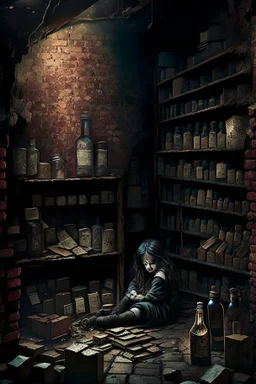 A dark, dingy brick dungeon, with a shelf containing six vintage bottles of various sizes with labels of pain and memories, with one young girl sitting on the floor in tears with a pile of books