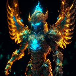 bioluminescent demonic knight with golden wings, covered with glowing crystals, fire and water particles in air, bright colors, glowing sparkle particles, dark tone, sharp focus, high contrast, 8k, incredible depth, depth of field, dramatic lighting, beautifully intricate details, clean environment, epic dynamic scene