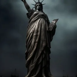 the statue of liberty, dress dirty and torn, her face solemn and terse, trash littered at her feet, she holds a crumpled american flag, she walks away with back turned under a dark and dreary sky