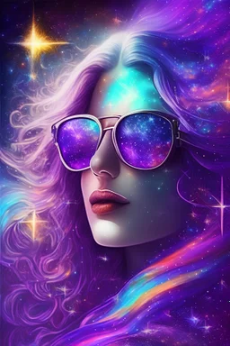 Upscale infinity 888 wonderful pleiadian secret sensual sweet harmony agent with sunglasses and rainbow aura and violet shape-hair and symbol and stars and galaxy