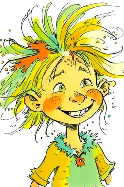 A whimsical colored illustration by Quentin Blake depicting a cute, funny happy 5 year old girl with yellow unkempt hair, wearing tufts of hair high on her head and wearing a bow.