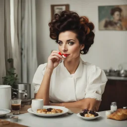 In this image, we see a woman with curlers in her hair, holding a cup of coffee and smoking a cigarette. She appears to be in a relaxed setting, possibly at home. The woman''s face is visible, showcasing her calm expression. In the background, there is a plate of food with someone pouring milk on it. Additionally, there is a ring, a cup, a plate, and a vase scattered around the scene. The colors in the image are primarily earthy tones, with accents of dark brown and white. The overall vibe is co