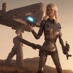 Ultra Realistic retro sci-fi movie war scene, waist up view portrait, blonde woman pointing a gun, sweet young Claudia Schiffer face, perfect iris, glow eyes, makeup, weapon. Drones background, Retro sci-fi style, helmet, tight latex coat, fog, rain, soft color, highly detailed, unreal engine 5, ray tracing, RTX, lumen lighting, ultra detail, volumetric lighting, 3d, finely drawn, high definition, high resolution.