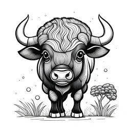 cute African Buffalo, black and white, white background, clean lines, coloring page for kids