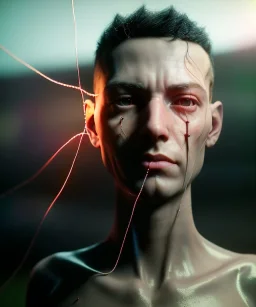 Ultra realistic photographic night portrait, cinematic, naked, shaved hair <man> <hanging wires> many wires coming out of the head <perfect pupil> <cyborg> <garage> <wide angle Shot> <sci-fi futuristic> <thriller>, fog, soft color, highly detailed, unreal engine 5, ray tracing, RTX, lumen lighting, ultra detail, volumetric lighting, high definition.