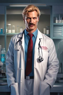 Mid-thirties, Caucasian male doctor, creepy smile, messy blonde hair, light-colored thick mustache, pale blue eyes, broad shoulders, muscular, six foot, Hawaiian shirt under white lab coat, bloodstains at the edges of the lab coat. Strong Jaw line, surrounded by shadows, photo realistic