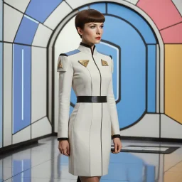 [high res photo with pastel colours by Piet Mondrian] Star Trek TOS négligée woman officer with pixie haircut in iconic Mondrian geometry dress, she stands, facing the camera close to a command console, her com badge on the pastel dress
