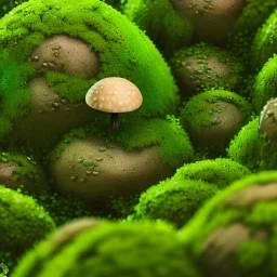 microphotography mushroom growing in a mossy dense lush green woods, high definition, detail, HD, 8k, realistic, 3d rendering, blender, photography, fisheye, bulge, tilt shift blur