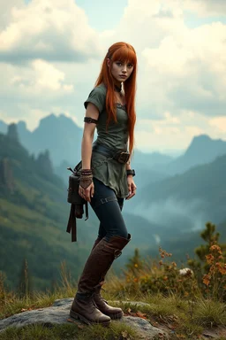 Photorealistic full-height photo of a skinny pin up girl in steampunk clothing and boots with long, dark ginger hair with bangs in a fantasy landscape